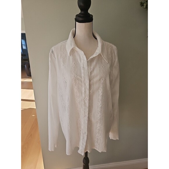 Lace Tops - LELIS Floral‎ Lace open weave Button Down Top, women's Size Large white